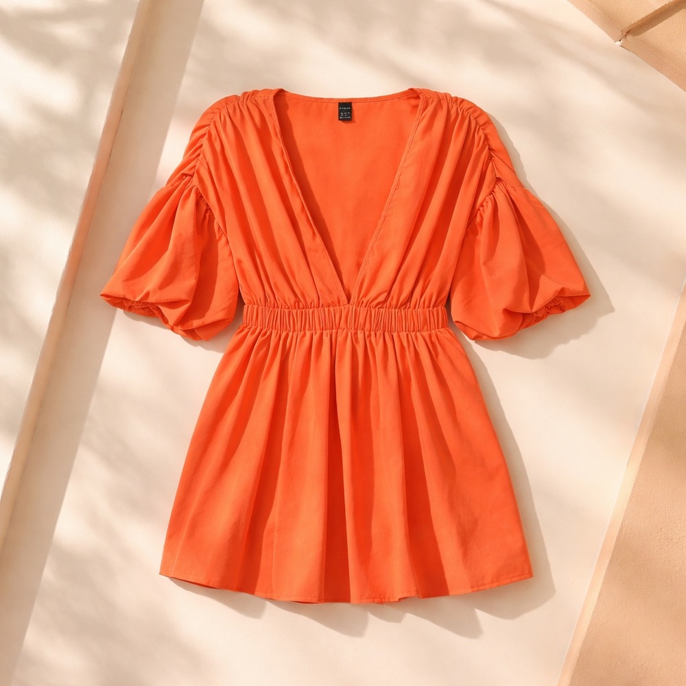 Women’s Deep V-Neck Puff Sleeve Mini Dress